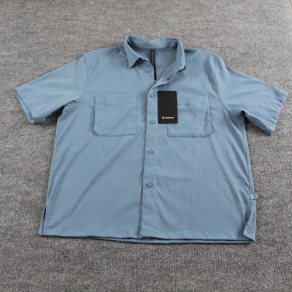 Lululemon Shirt Mens Medium Relaxed Fit Short Sleeve Button Up Blue Casual Work - Picture 1 of 9